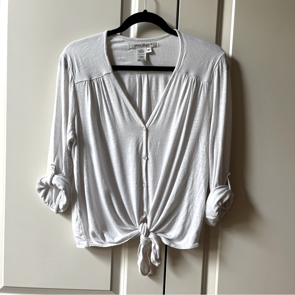 Max Studio Women's Roll-tab Sleeve Tie Front Top off white size MP